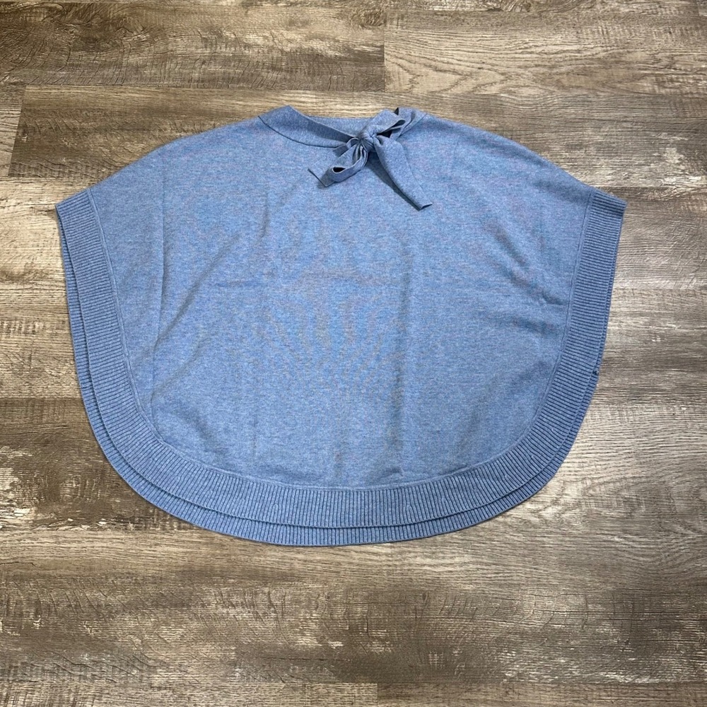 Talbots Blue Knit Tie Neck Poncho‎ Cape Sweater Heathered Blue Large NWT